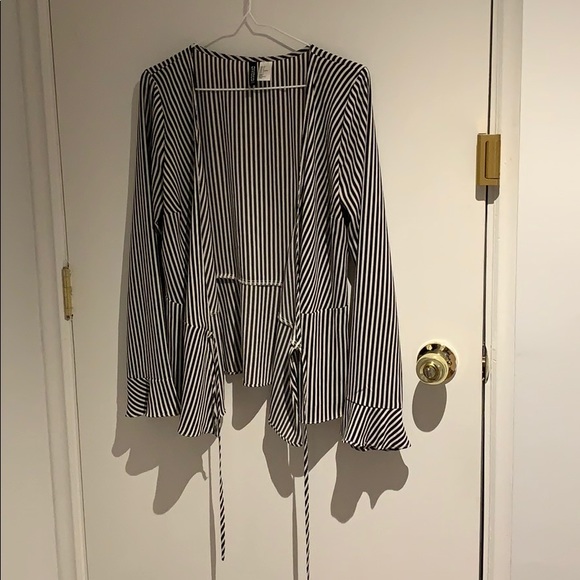 Black/White Striped Wrap Blouse/Top - Picture 2 of 5
